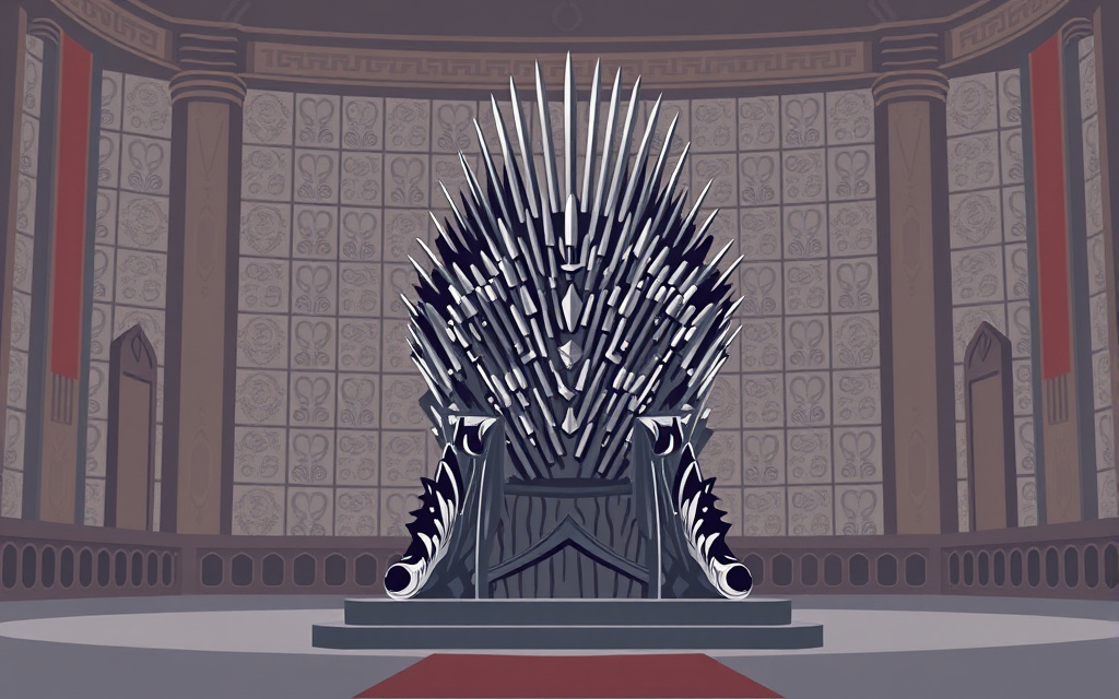 A massive throne constructed from interlocked metal swords in a dimly lit stone chamber